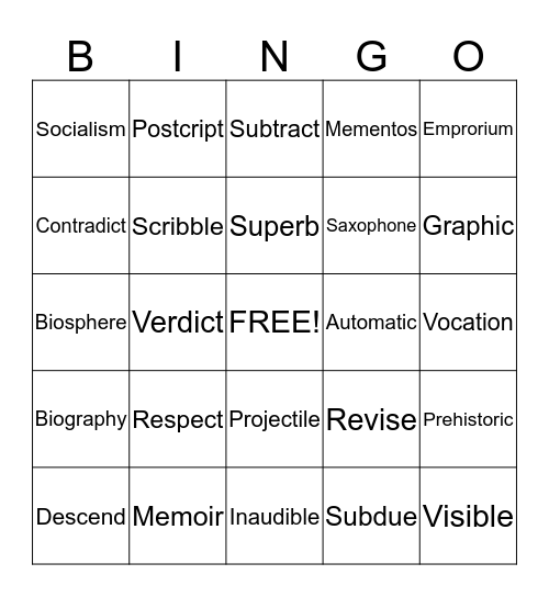Greek and Latin Roots Bingo Card
