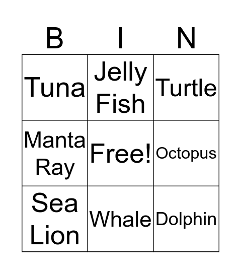 Sea Animals Bingo Card