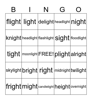 -ight Word List Bingo Card