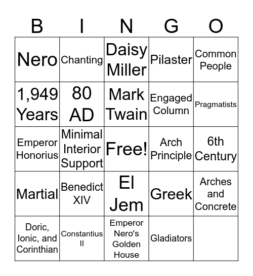 Colosseum Bingo Card