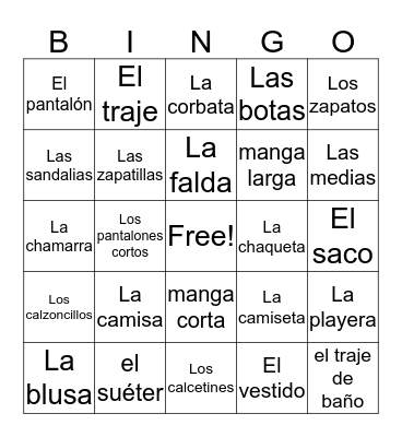 La ropa Bingo Card