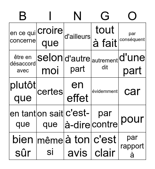 exprimer son opinion Bingo Card