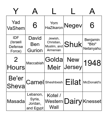 ISRAEL! Bingo Card