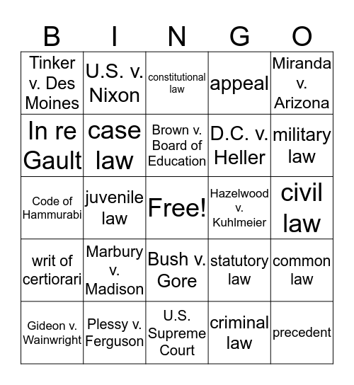 Topic 9: Impacts of Law Bingo Card