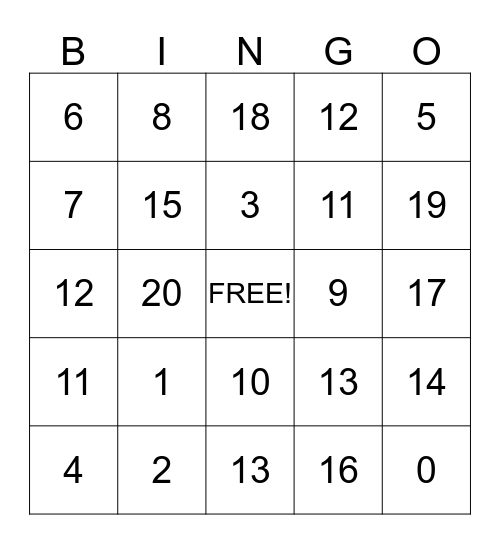 Number Bingo Card