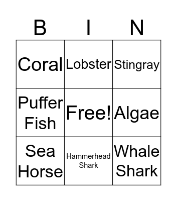 Sea Animals Bingo Card