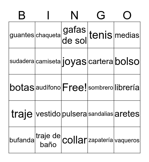 Unit 3 Spanish Bingo Card