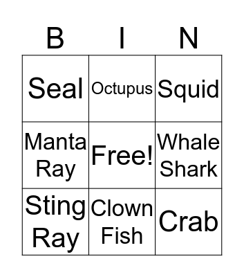 Sea Animals Bingo Card