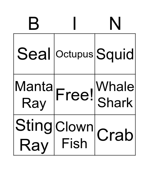 Sea Animals Bingo Card