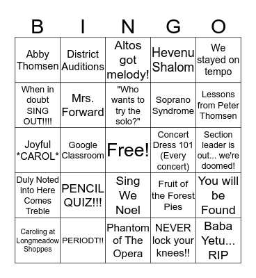 Chorus Bingo 2019 Bingo Card