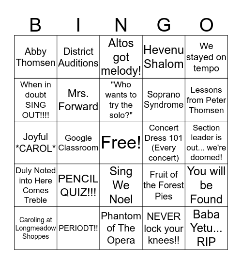 Chorus Bingo 2019 Bingo Card