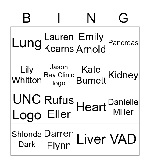 Transplant BINGO Card