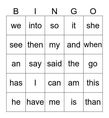 Sight Words 1-25 Bingo Card