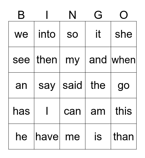 Sight Words 1-25 Bingo Card