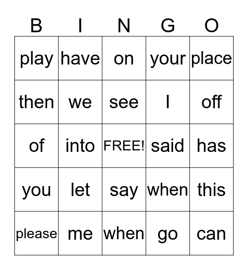 Sight Words  Bingo Card