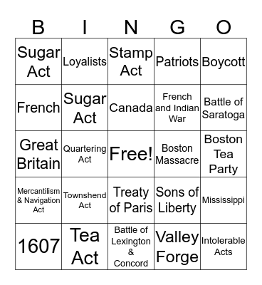 1st Colony to Revolution Bingo Card