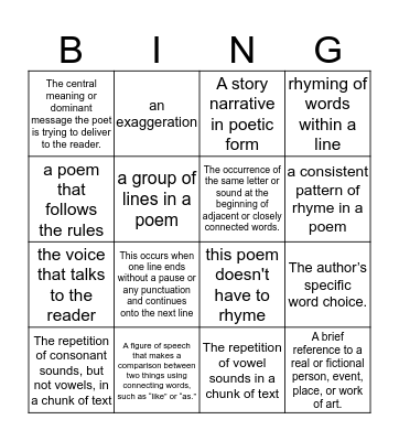 Poetry Lingo Bingo Card