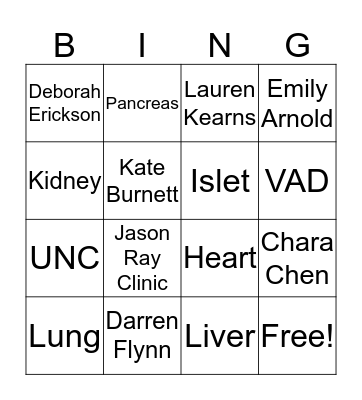 Transplant BINGO Card