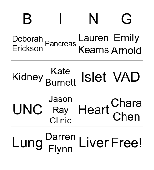 Transplant BINGO Card