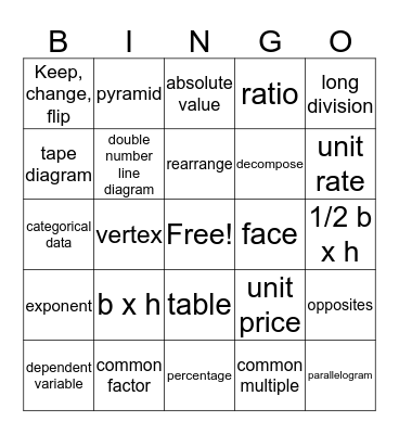 Math Vocabulary Bingo Card