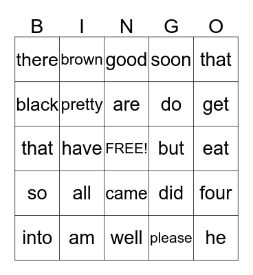 Primer Sight Words Bingo Card