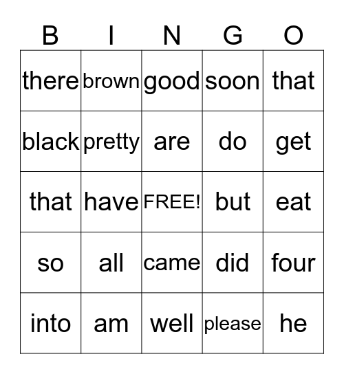 Primer Sight Words Bingo Card