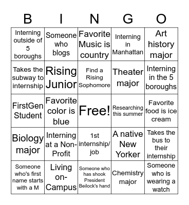 Beyond Barnard Internship Bingo Card