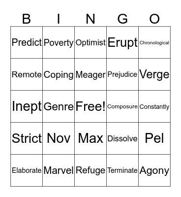 Vocab Bingo Review Bingo Card