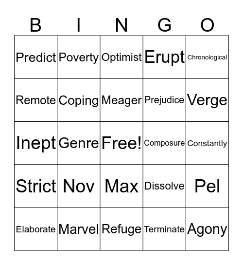 Vocab Bingo Review Bingo Card