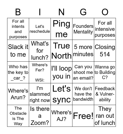 Ridecell Workplace Phrases Bingo Card