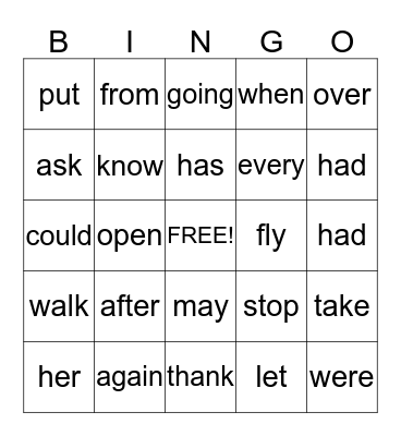 First Grade Sight Words Bingo Card