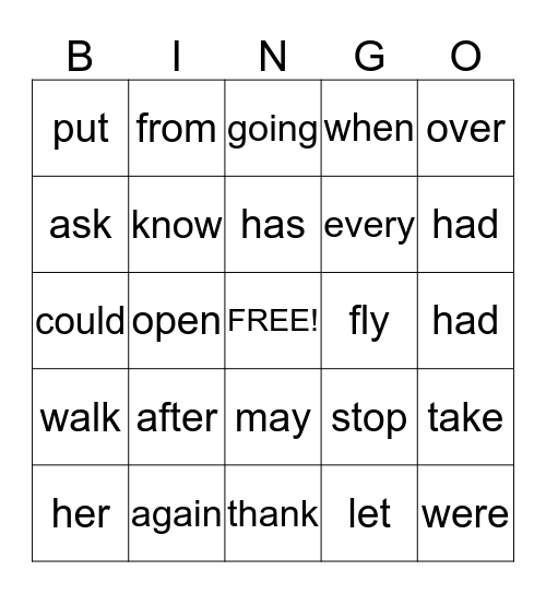 First Grade Sight Words Bingo Card