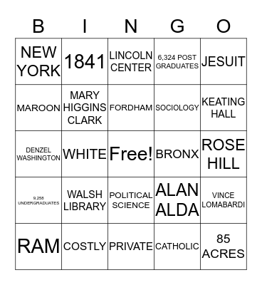 ALL ABOUT FORDHAM Bingo Card