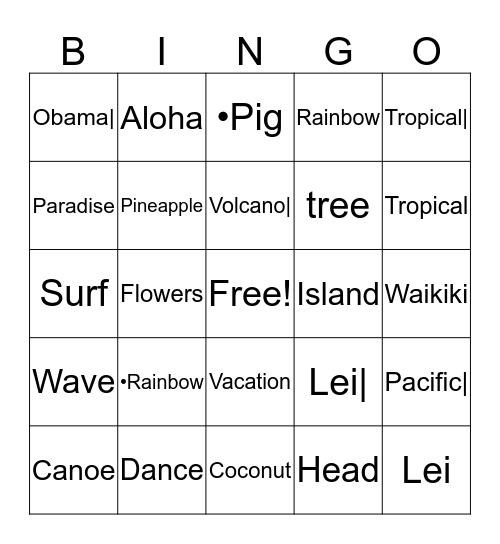 Hawaiian Bingo Card