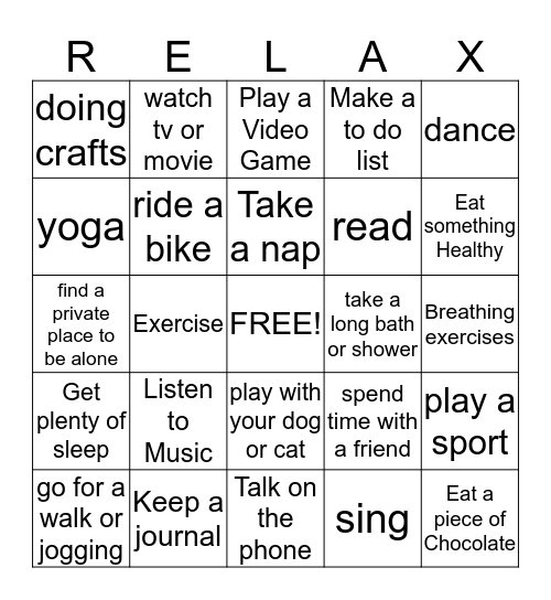 Relaxation  Bingo Card