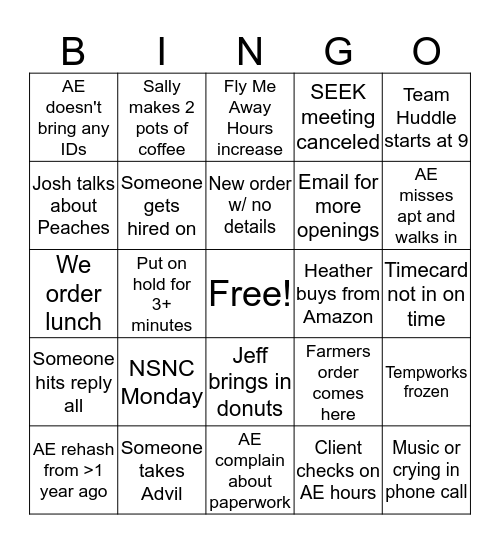 SEEK Weekly Bingo Card