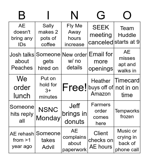 SEEK Weekly Bingo Card