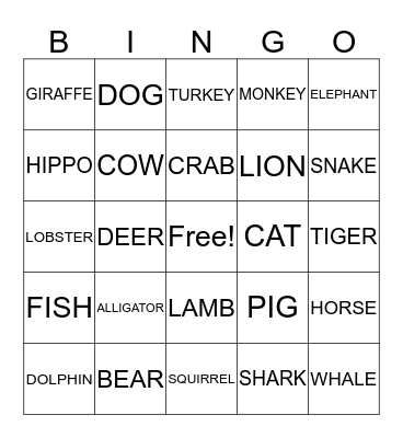 Animal Signs  Bingo Card