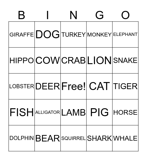 Animal Signs  Bingo Card