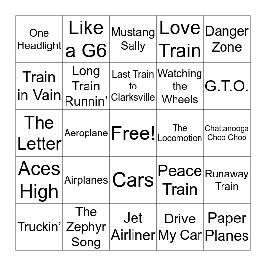 Planes, Trains, & Automobiles Bingo Card