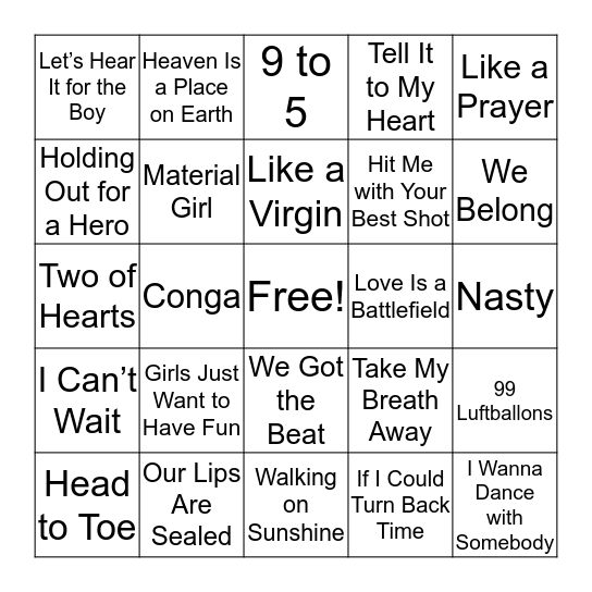 80’s Ladies Bingo Card