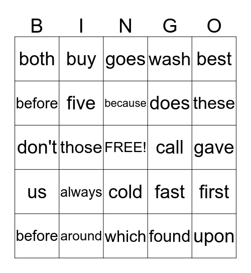 Second Grade Sight Words Bingo Card