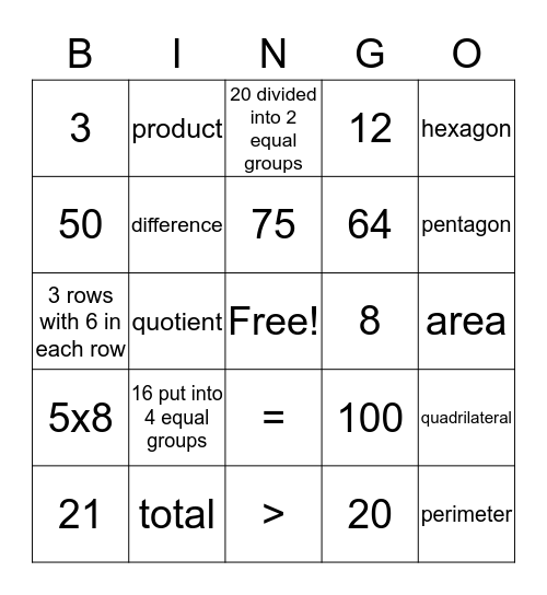 Math Review Bingo Card