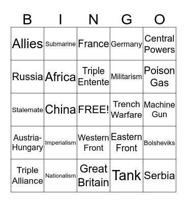 World War One Bingo Card