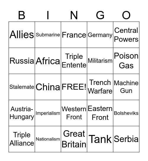 World War One Bingo Card