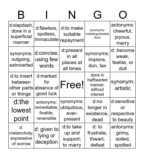 Unit 12 Vocab Bingo Card