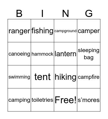 Camping Vocabulary Bingo Card