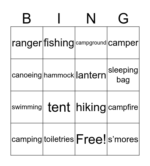 Camping Vocabulary Bingo Card