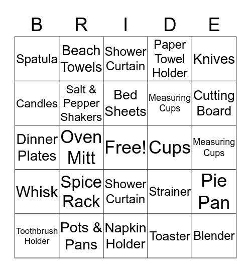 BRIDAL SHOWER BINGO Card