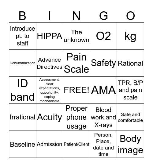 Ch. 45 Admission, Transfer and Discharge Bingo Card